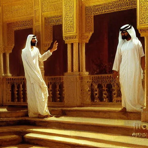 Image similar to attractive arab king confesses his love for his attractive male prince, in balcony of palace, above a river,. highly detailed painting by gaston bussiere, craig mullins, j. c. leyendecker