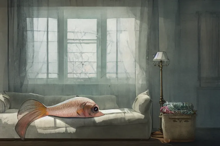 Image similar to charming and chubby huge fish, wearing a polka dot cloths and, lye on the fancy sofa, in the large and bright studio. sunlight enters through the barred window. delicate watercolor and pencil on canvas. beautiful lighting, 4 k post - processing, highly detailed, 5 k extremely detailed, 3 d. cinematic scene.