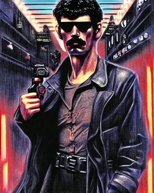 Image similar to cel - shaded drdisrespect in blade runner airbrush, drew struzan illustration art, key art