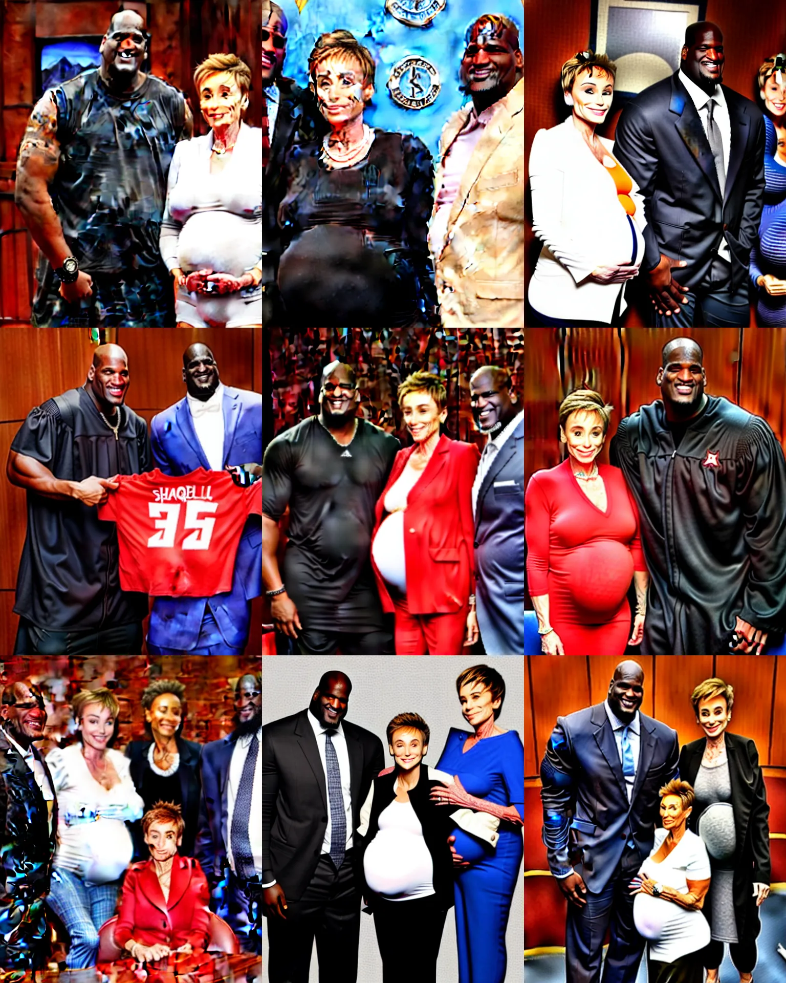 Prompt: shaquille o'neil pregnant, shaquille o'neil holding his stomach, judge judy standing fit next to him, press release photograph