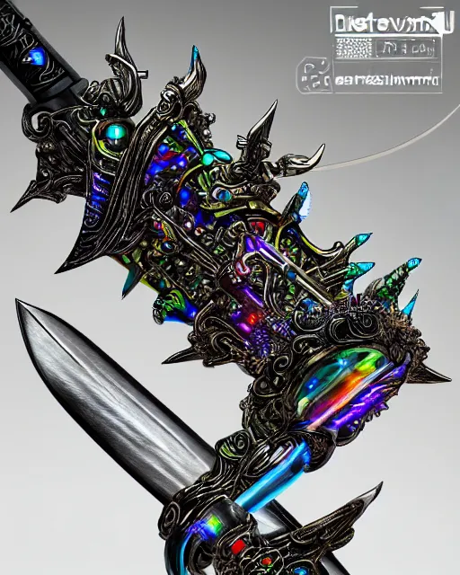 Image similar to legendary glowing sword of cybernetic technology on a table, digital award winning artwork, intimate, intricate, long sharp black and iridescent blade, ornate spikes, colorful hilt, vivid detailed realistic, raytraced blade, colored gems, golden pommel, by yoshitaka amano and deviantart
