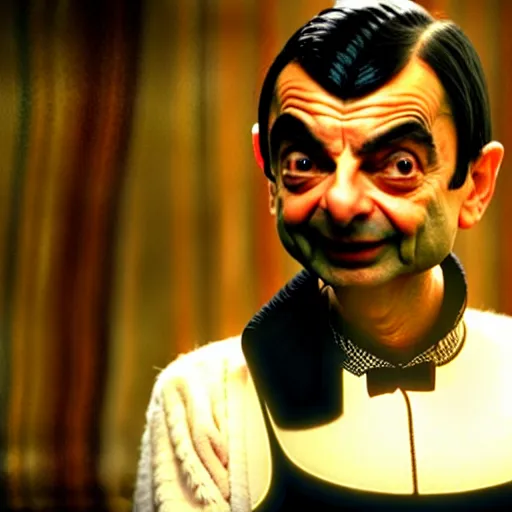 Image similar to mr. bean as madonna. movie still. cinematic lighting.