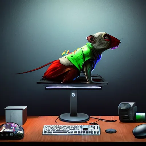 Prompt: Joker Rat sitting on gamers chair on gaming computer typing on led keyboard, joker painted face, rat, led gaming, led gamers keyboard, dark and gloom, extremely detailed oil painting, unreal 5 render, rhads, Bruce Pennington, Studio Ghibli, tim hildebrandt, cinematic, octane render, beautiful composition, trending on artstation, award-winning photograph, masterpiece