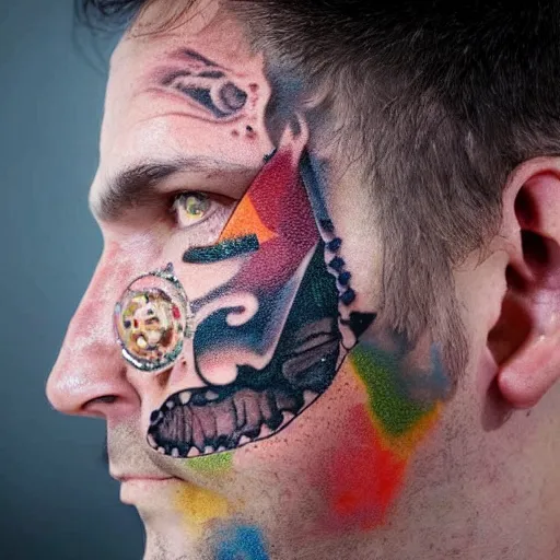 Image similar to portrait photo of man with a face tattoo of a 3 dimensional hole in the skin with multicolored tubes and robotic mechanics inside under the skin, insanely integrate,