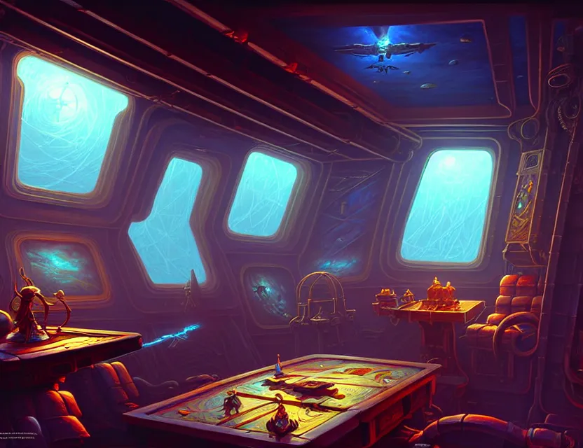 Image similar to interior view in the captain's cabin of a flying ship, d & d spelljammer fantasy art, artstation contest winner, beautiful digital painting in the style of dan mumford, art by kev chan, volumetric lighting, concept art, speedpainting, fantasypunk, deep colors, cgsociety, by gerald brom