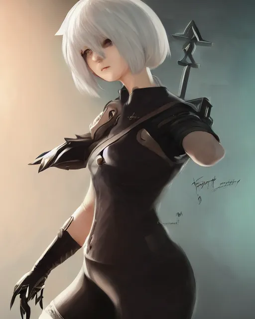 Image similar to full shot league of legends portrait of 2 b nier automata wearing a nazi uniform, au naturel, hyper detailed, digital art, trending in artstation, cinematic lighting, studio quality, smooth render, unreal engine 5 rendered, octane rendered, art style by klimt and nixeu and ian sprigger and wlop and krenz cushart.