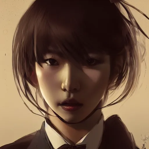 Image similar to portrait of a beautiful korean girl wearing a men's tuxedo, with bangs, long hair and bangs, angular features, angry expression, dramatic lighting, illustration by Greg rutkowski, yoji shinkawa, 4k, digital art, concept art, trending on artstation