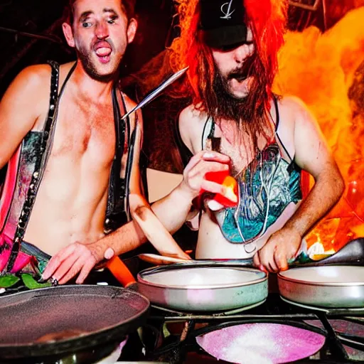 Image similar to scandy and arender, cooking it up, hot hot hot, splash, ahhhhhhh, roomies, bohemian digitals, playing a live gig at ozora festival, over the shoulder photograph, huge crowd, ecstatic, photography