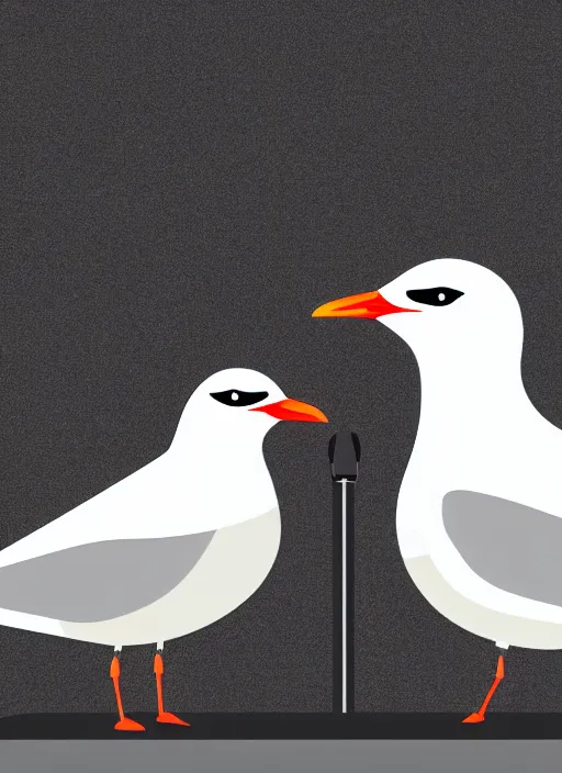 Prompt: arctic tern and seagull with headphones on their heads in front of a microphone recording a podcast in the studio, illustration, 8 k