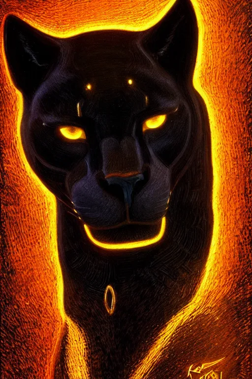 Image similar to Portrait of a black panther, elegant, photorealistic, highly detailed, artstation, smooth, sharp focus, gold ornaments, neon lighting, sci-fi, art by Klimt