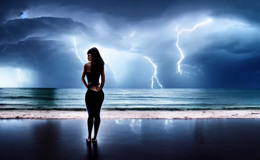 Image similar to a hyperdetailed photorealistic beautiful woman standing on a beach in a severe thunderstorm, rain, global illumination, volumetric lighting, cinematic framing, cinematic lighting, cinematic shadows