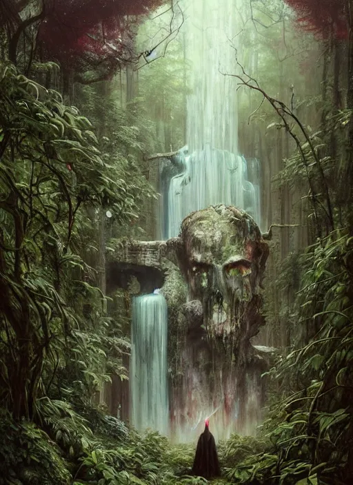 Image similar to a hyper realistic architectural witch shrine under a waterfall in the woods, gorgeous lighting, lush forest foliage, painting by chiara bautista and tom bagshaw, muca beksinski and norman rockwell and greg rutkowski weta studio, and lucasfilm