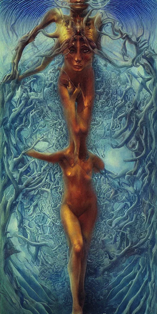 Prompt: mystic cult girl performing third eye ritual, expanding energy into waves into the ethos, epic surrealism oil paint by Ernst Fuchs, Zdzislaw Beksinski, John Howe highly detailed