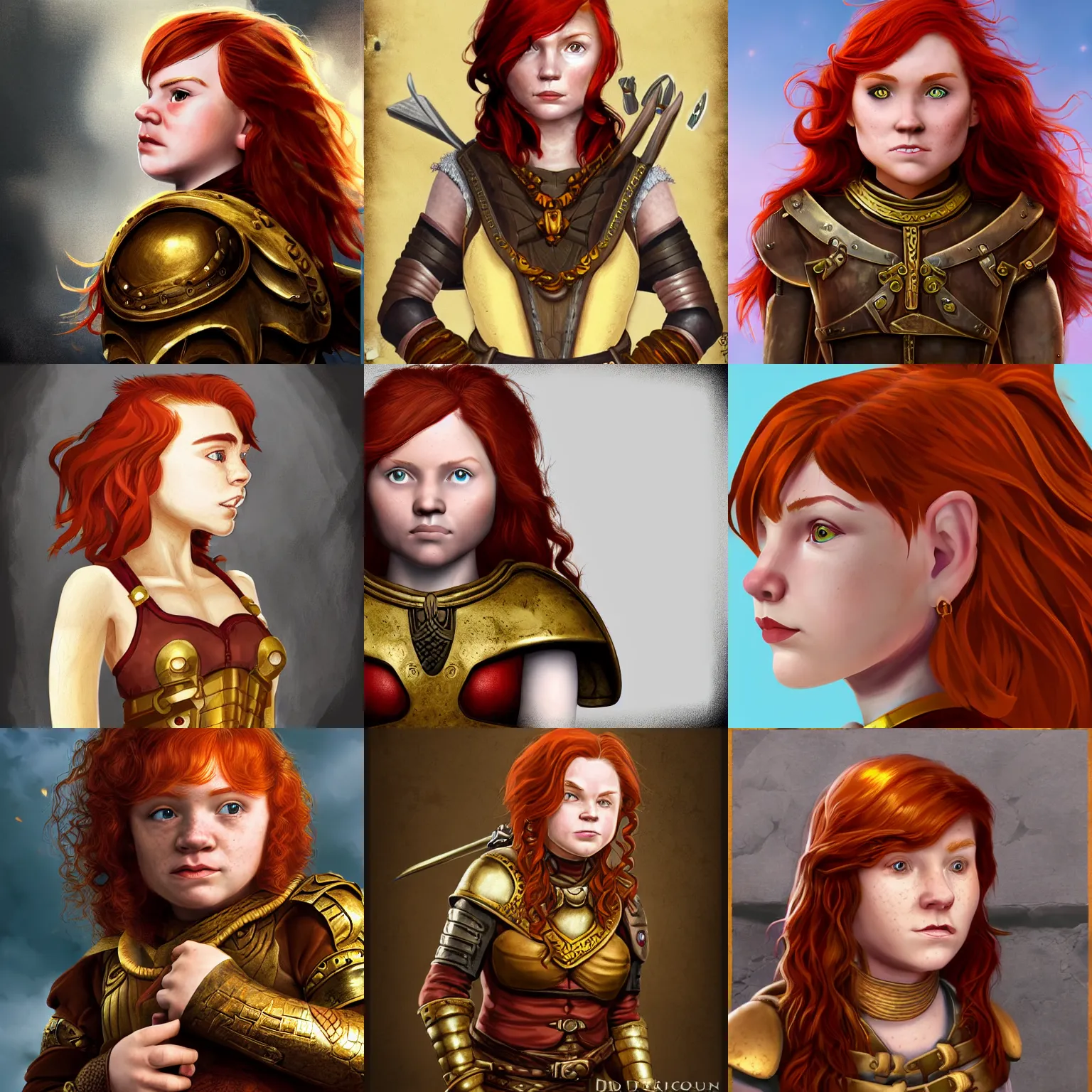 Prompt: a profile picture of a feisty redheaded halfling young woman with freckles like brass scales, wavy shoulder-length hair, gold eyes, headshot, dungeons and dragons, digital art, D&D