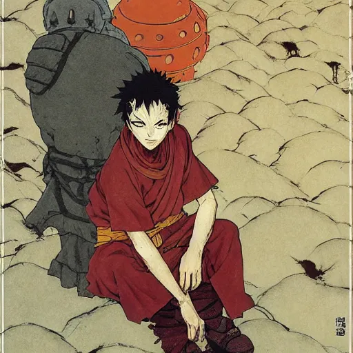 Prompt: Portrait of Gaara the Desert Shinobi wearing a Sand Crest norman rockwell uta natsume inio asano naoko takeuchi shotaro ishinomori katsuhiro otomo steve ellis tony szczudlo Ryan Gitter Ilya Repin