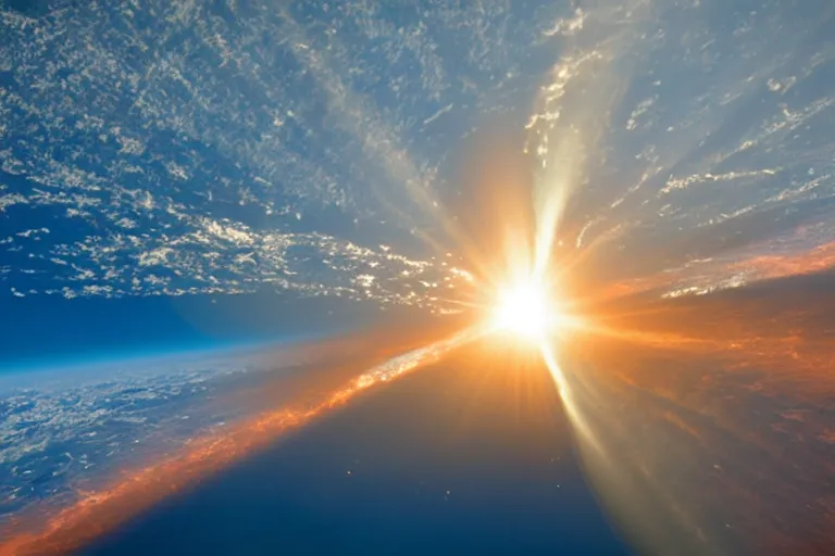 Prompt: photo of sun on earth horizon from the international space station