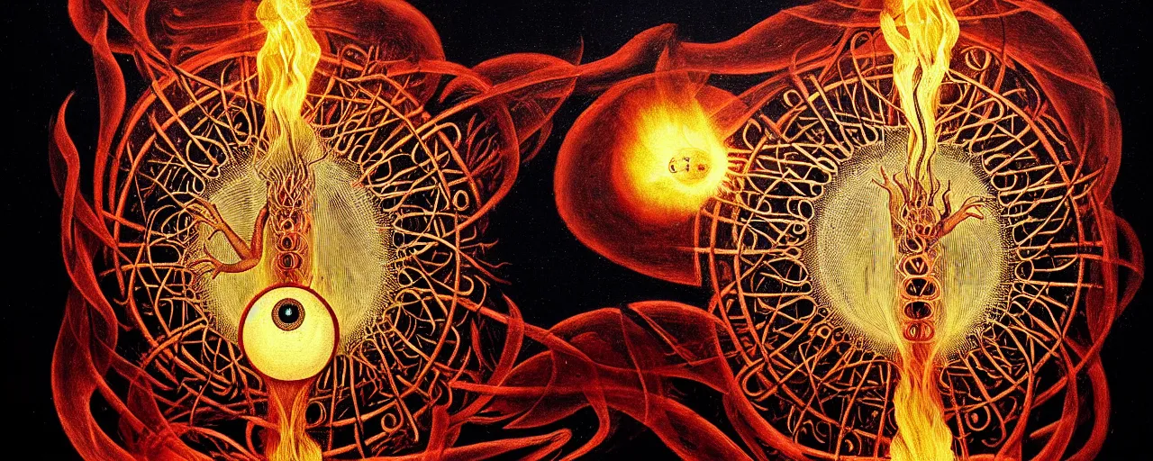 Image similar to a strange fire creature with endearing eyes radiates a unique canto'as above so below'while being ignited by the spirit of haeckel and robert fludd, breakthrough is iminent, glory be to the magic within, in honor of saturn, painted by ronny khalil