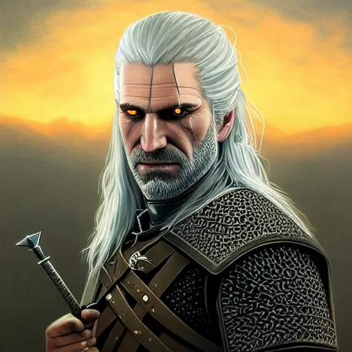 Prompt: a portrait of witcher, geralt of rivia with mordor in the background painting by elisabeth jerichau - baumann. painting, oil on canvas, horizontally symmetric