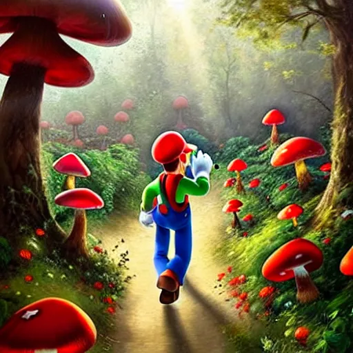 Image similar to portrait of Mario, running through a forest, in the Mushroom Kingdom, giant red and white spotted mushrooms, and roses, from behind, Castle in distance, birds in the sky, sunlight and rays of light shining through trees, beautiful, solarpunk!!!, highly detailed, digital painting by Michael Garmash and Peter Mohrbacher