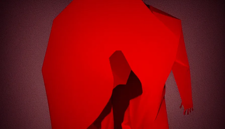 Image similar to enigmatic figure wrapped in red sheet in darkness, high contrast, hard light, digital art, rendering, cloth simulation, redshift