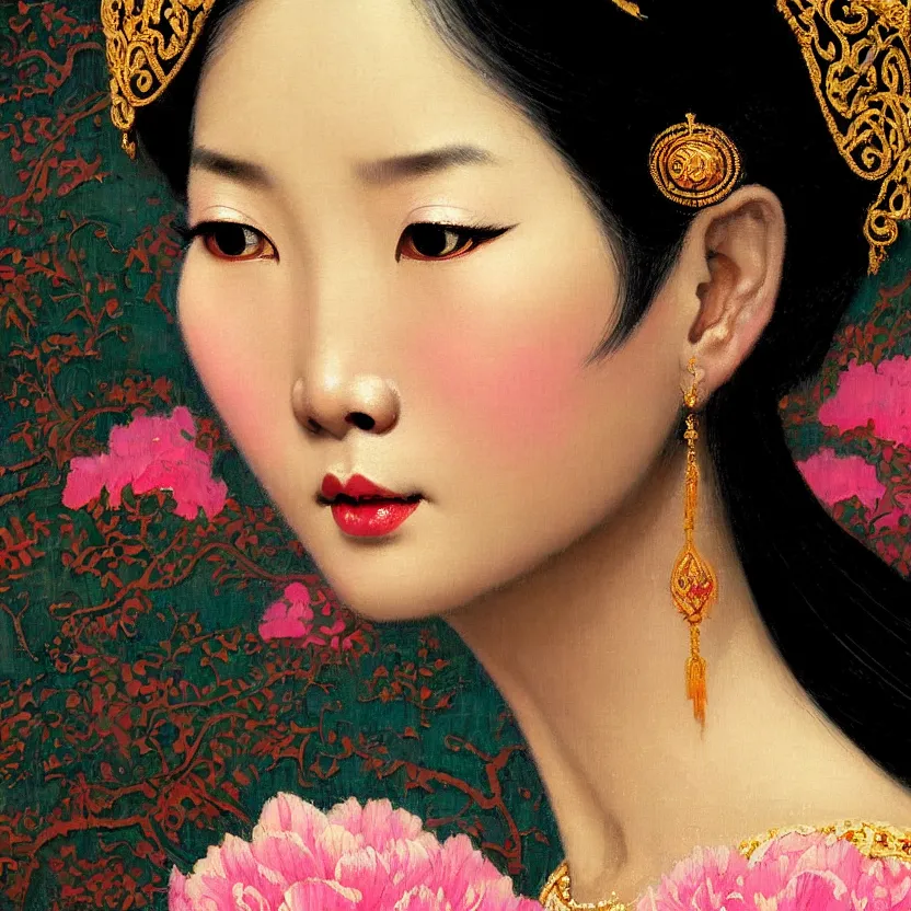 Image similar to close up portrait of the elegantly beautiful, sophisticated, slender rich vietnamese princess, imagining the rings of saturn. intricate eye detail focus, baroque, batik, by norman rockwell, range murata jeremy lipking, trending on pinterest, vivid 8 k sharp depth of field, pristine global illumination, smooth 3 d, wallpaper quality.