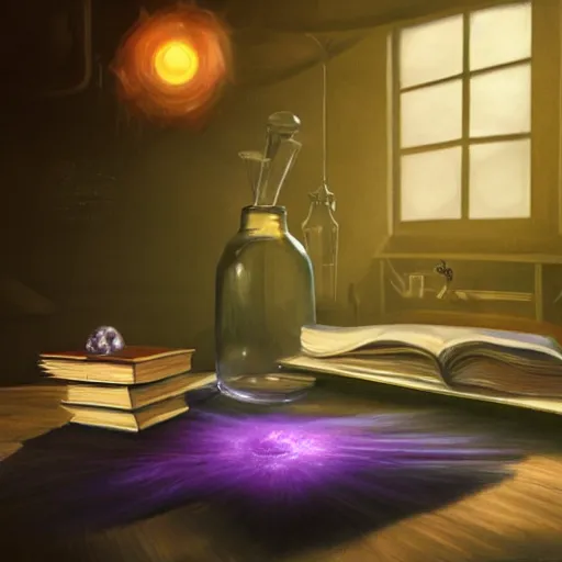 Image similar to a detailed painting of a dark purple highly poisonous potion, lit by a single ray of sunlight, on a table full of books in a dusty vintage science lab, hyperrealistic fantasy art, concept matte, ethereal, dreamy, digital art, trending on arstation, volumetric cinematic lighting