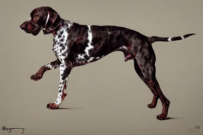 Prompt: painting of a German Shorthaired Pointer dog by James Gurney and Greg Rutkowski