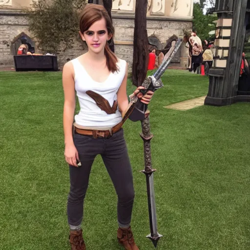 Image similar to Emma Watson holding a real life armadyl godsword from Runescape