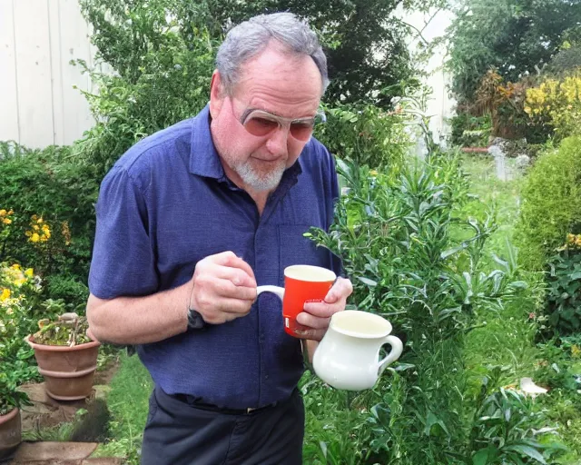 Image similar to mr robert is drinking fresh tea in a garden