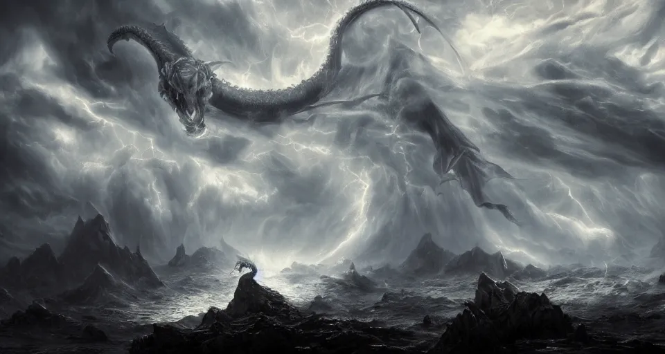 Image similar to lovecraftian eldritch!! dragon!! wrapped in clouds on a black desert, snowy, windy, by eugene von guerard, ivan shishkin, night, lightning!!, storm!, dramatic lighting, concept art, trending on artstation, 8 k