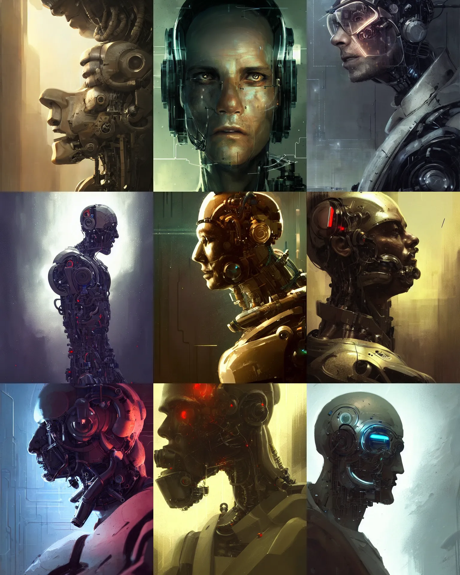 Prompt: a laboratory engineer man with cybernetic enhancements seen from a distance, scifi character portrait by greg rutkowski, craig mullins, 1 / 4 headshot, cinematic lighting, dystopian scifi outfit, profile picture, mechanical, cyborg, half robot