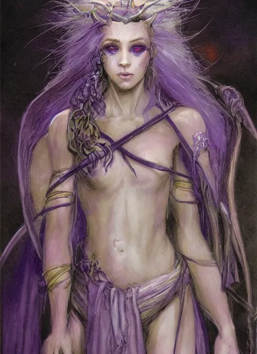Image similar to portrait of young female sorceress of the endtimes, transluscent skin, lavender hair, beautiful! coherent! dungeons and dragons character, by brian froud, strong line, cool night color, high contrast