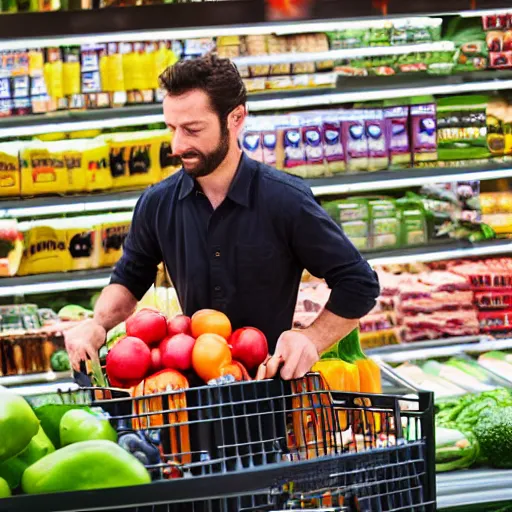 Prompt: 85mm photo of wolverine grocery shopping with claws out, dslr photography