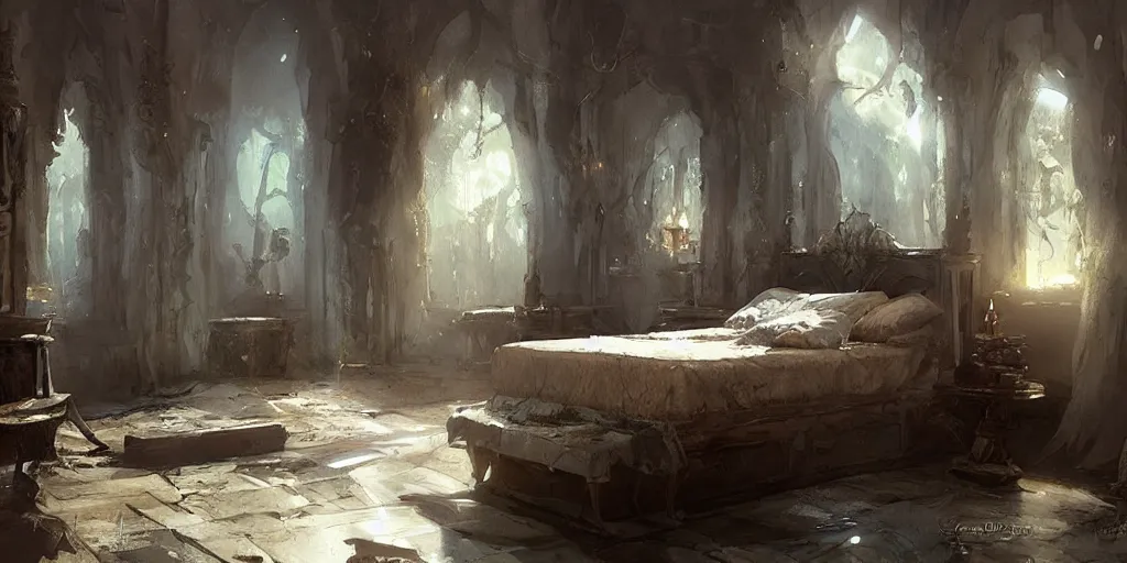 Image similar to a bed on stand in a magical area, by greg rutkowski