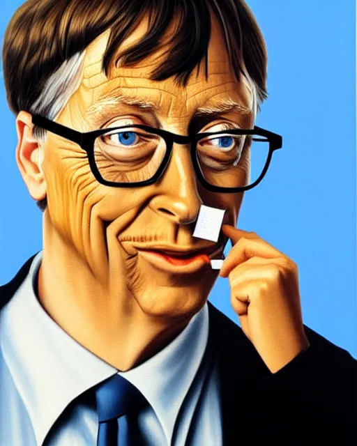 Image similar to a realistic detailed portrait of bill gates eating a microchip, painting by magritte