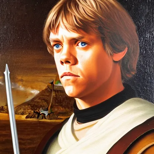 Image similar to a portrait painting of luke skywalker from star wars in a renaissance style hanging in the louvre