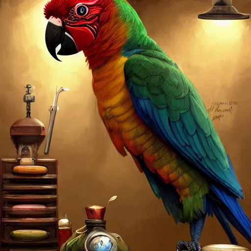 Image similar to Anthropomorphized parrot trader in his shop, medium shot, items, weapons, magic potions, trinkets, carpet, lamps, window, fancy hat, warm light, sly expression, cunning expression, cute expression, long thick shiny black beak, D&D, fantasy, cinematic lighting, highly detailed, digital painting, artstation, concept art, smooth, sharp focus, illustration, warm light, cozy warm tint, strong colours, magic the gathering artwork, volumetric lighting, 8k, art by Akihiko Yoshida, Greg Rutkowski