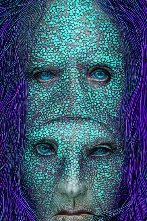 Image similar to dark underwater portrait of one bioluminescent old woman, with cracked reaction diffusion semi - transparent skin. multicolored fish scales, face closeup. long intricate dark hair. good face proportions. with many jellyfishes. very high detail, illustration, by alex grey and ilya kuvshinov