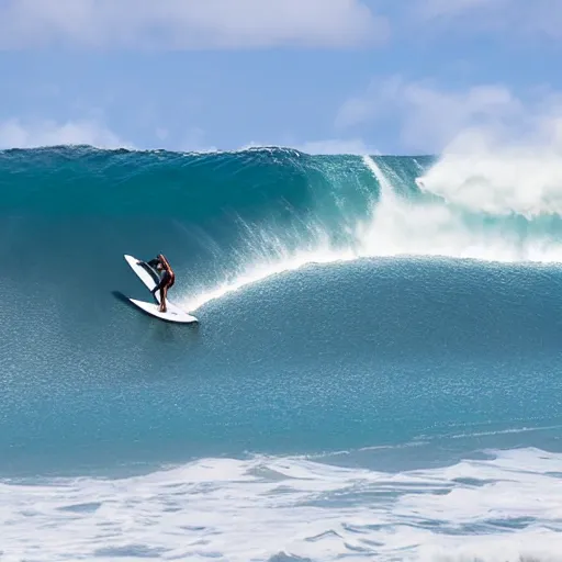 Image similar to surfer riding a surfboard made of medium rare steak, big wave hawaii, 5 0 foot waves, tsunami surfing aerial photography