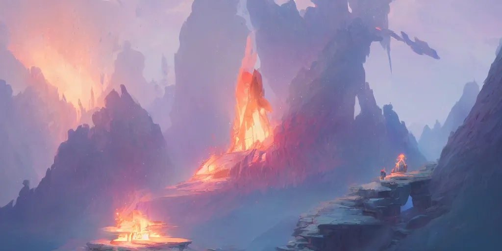 Image similar to Crystal of fire by studio ghibli, Greg Rutkowski, Breath of The Wild, and concept artist Joon Ahn