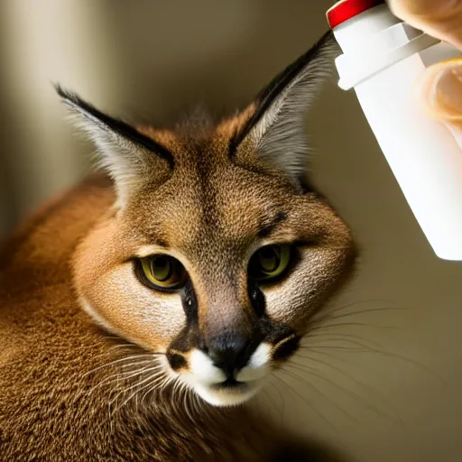 Prompt: doctor using a stethoscope to examine a cute fluffy caracal under bright operating room lights, closeup, wide angle, backlit