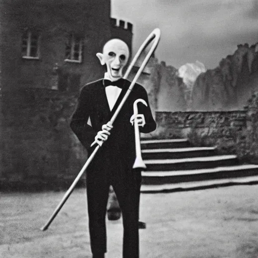 Image similar to vintage photograph of count orlok outside his castle, playing trombone, castle in the background, 4 k