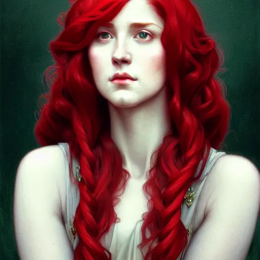 Image similar to long red hair aristocrat, bust portrait, gentle, solemn face, cloth, female, city landscape, d & d, fantasy, intricate, elegant, digital painting, red green color palette, artstation, octane render, concept art, matte, sharp focus, illustration, herrarthstone, art by artgerm and greg rutkowski and alphonse mucha