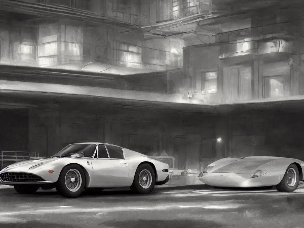 Image similar to a wholesome animation key shot of a focused old ferrari car in a car park, close shot, studio Ghibli, Pixar and Disney animation, sharp, very detailed, high resolution, Rendered in Unreal Engine 5, anime key art by Greg Rutkowski, Bloom, dramatic lighting