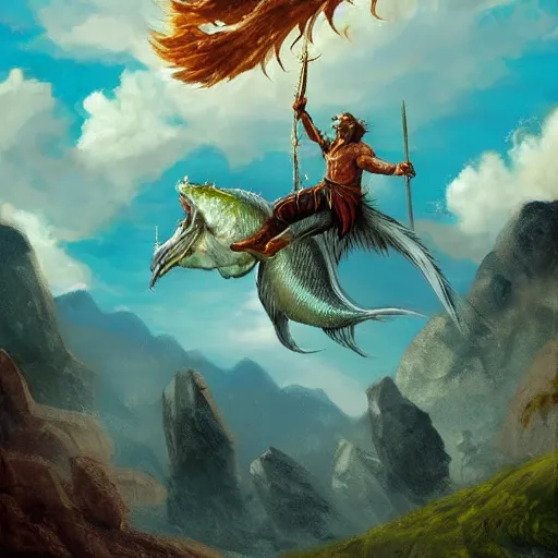 Image similar to epic fantasy illustration of a man riding a fish through the sky