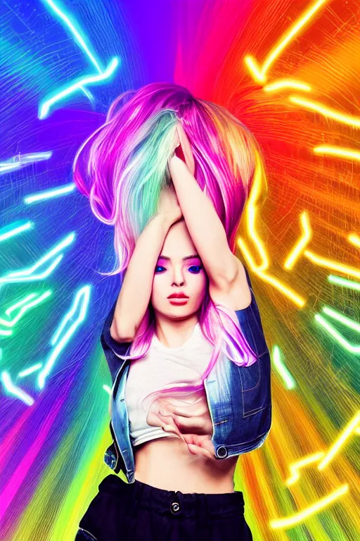 Image similar to a award winning half body portrait of a beautiful woman with stunning eyes in a croptop denim jacket and cargo pants with ombre rainbow hairstyle head in motion and hair flying while dancing by thomas danthony, surrounded by whirling illuminated lines, outrun, vaporware, shaded flat illustration, digital art, trending on artstation, highly detailed, fine detail, intricate