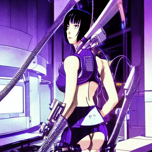 Image similar to beautiful cyberpunk anime style illustration of motoko kusanagi seen from behind, seated on the floor in a tech labor with her back open showing a complex mess of cables and wires coming out of her head, by masamune shirow and katsushiro otomo, studio ghibli color scheme