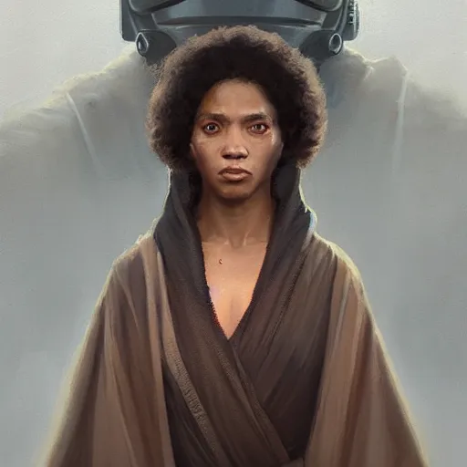 Image similar to portrait of a woman by greg rutkowski, youn jedi knight, black, afro hair, prettt, star wars expanded universe, she is about 2 0 years old, wearing jedi robes, highly detailed portrait, digital painting, artstation, concept art, smooth, sharp foccus ilustration, artstation hq