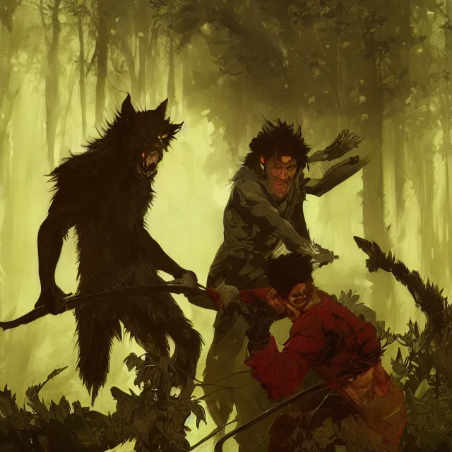 Prompt: a male werewolf fighting a young fit male vampire in a dark forest at night, by greg rutkowski and alphonse mucha, gradient brown to red, highly detailed, digital painting, artstation, concept art, smooth, sharp focus illustration