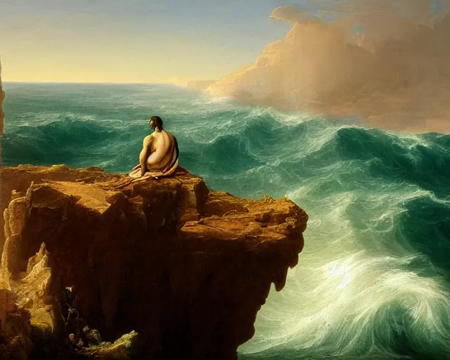 Image similar to a highly detailed painting of a cyborg sitting on the edge of a cliff overlooking the ocean, large waves, in the style of thomas cole